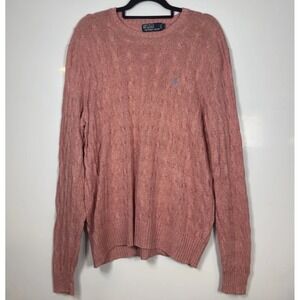 Polo Ralph Lauren Mens Large Pink Salmon 100% Silk Cable Knit Crewneck Sweater